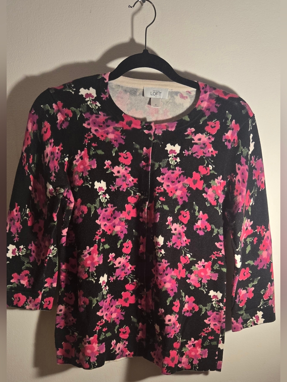 LOFT Black Floral Cardigan - Pink & White Flowers
